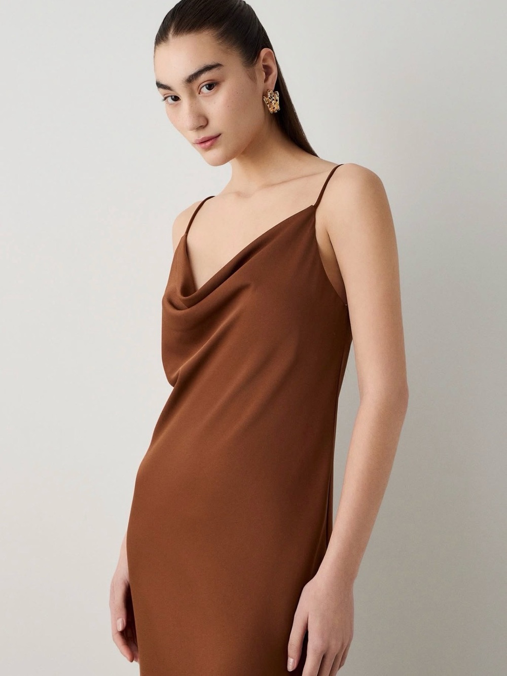 Sleek Brown Cowl-Neck Slip Dress